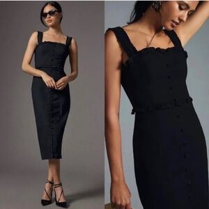 NWT Anthropologie Black Slim Square-Neck Ruffle Buttondown Dress XXS